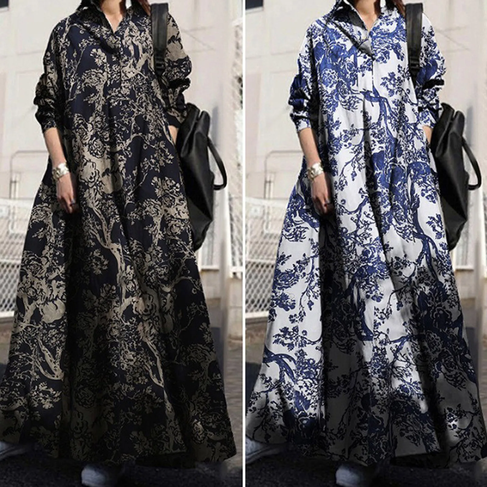 Women'S Retro Ethnic Printed Dress Large Size Loose Long-Sleeved Dress Fashion V-Neck Lapel Button Collar Long Dress Vestidos