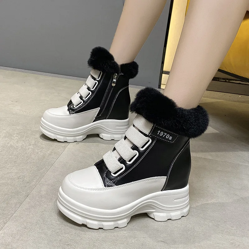 Women\'s Fur Snow Boots Winter Thick Bottom Short Boots Heels Round Toe Warm Plush Platform Boots Fashion Causal Ankle Boots