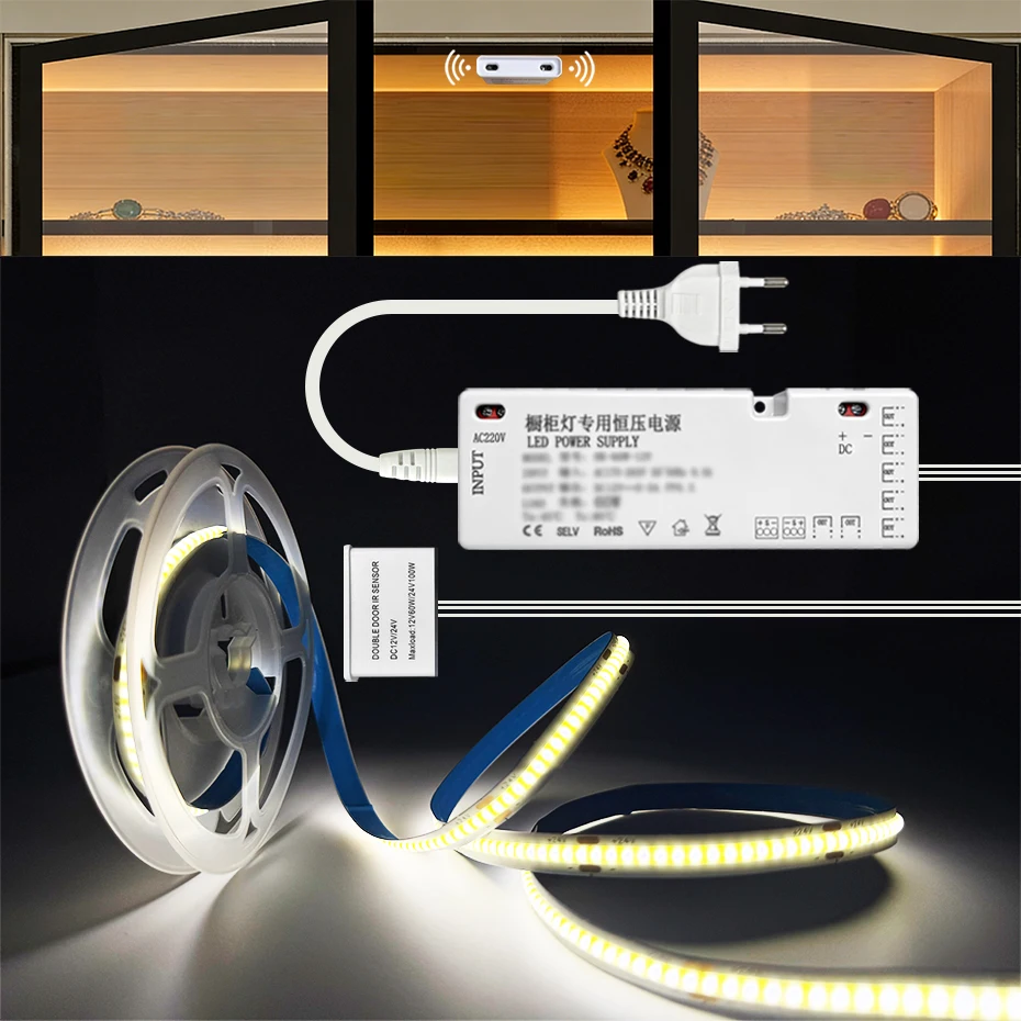 アンダーキャビネットライト-dc-24v-cob-led-ストリップライト-ダブルドアコントロールセンサー-eu-us-au-uk-プラグ付き-ショーケースワードローブランプテープ