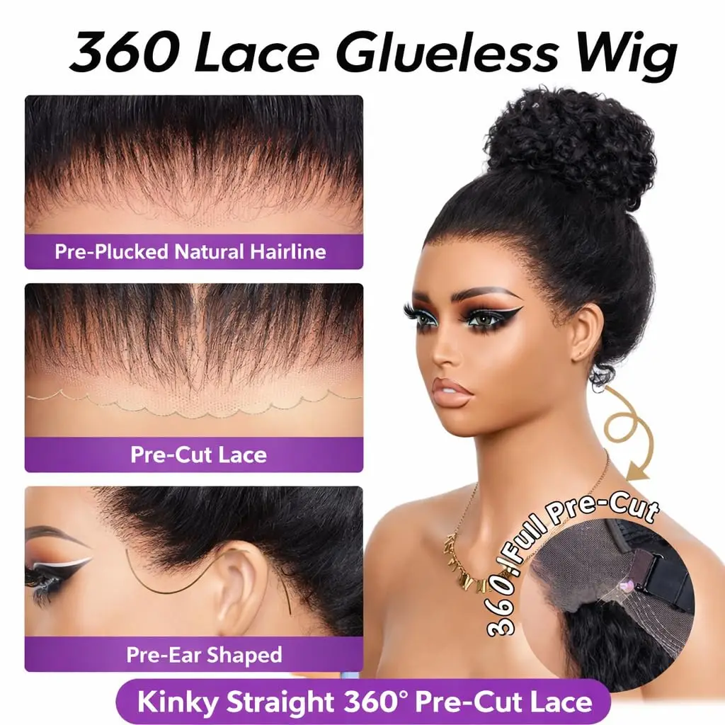 250% Density 360 Full Lace Glueless Wig, Kinky Straight Human Hair with Drawstring