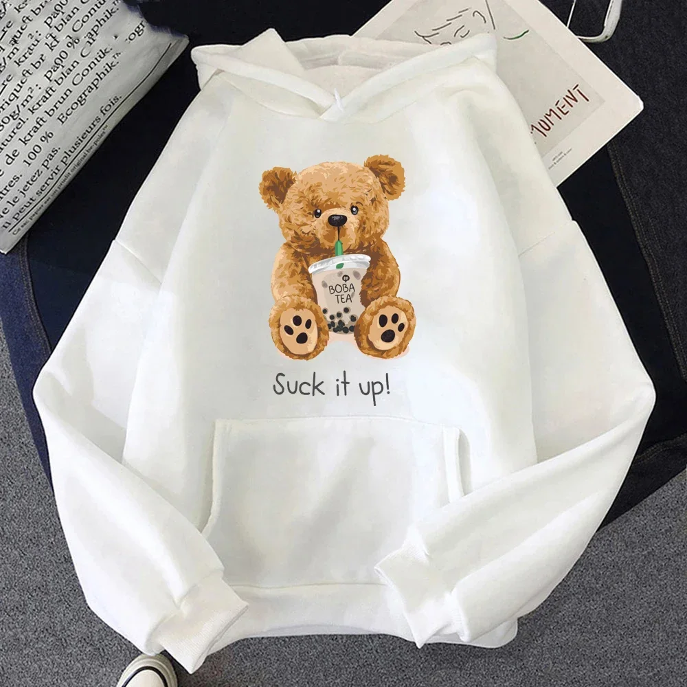 

Teddy Bear Drink Milk Tea Print Women Men Hoodies Street Pullover O-Neck Fashion Hoody Cartoons Loose Sweatshirt Tee Shirt Tops