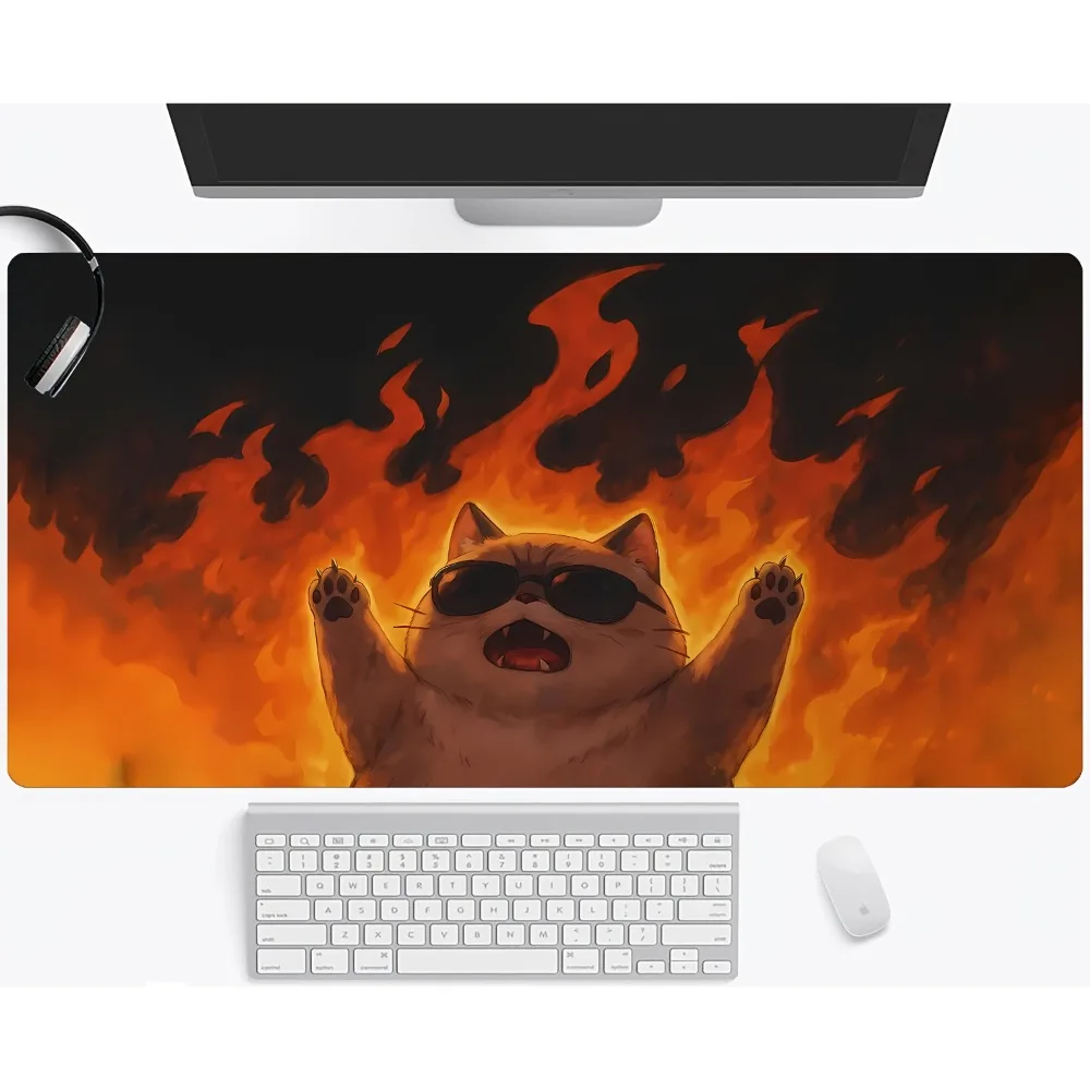 

Funny Fire Cat Meme Style Large Gaming Mouse Pad, Anti-Slip Rubber Stitched Durable Home Office Desk Mat