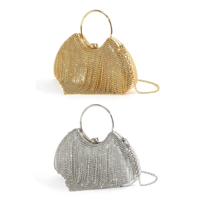 

H3CB Women Evening Bag Stylish Crossbody Bag with Removable Chain Tassels Handbag Purse Rhinestones Shoulder Bag for Wedding