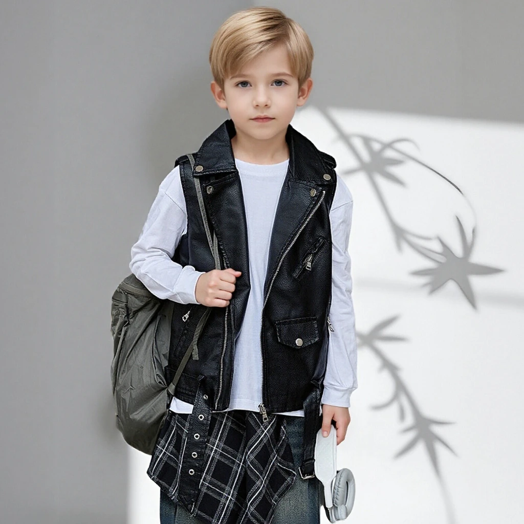 

Autumn Teenage Kids PU Leather Vest Trendy Unisex Biker Waistcoat Hip-Hop Style Sleeveless Streetwear Jacket for Boys & Girls