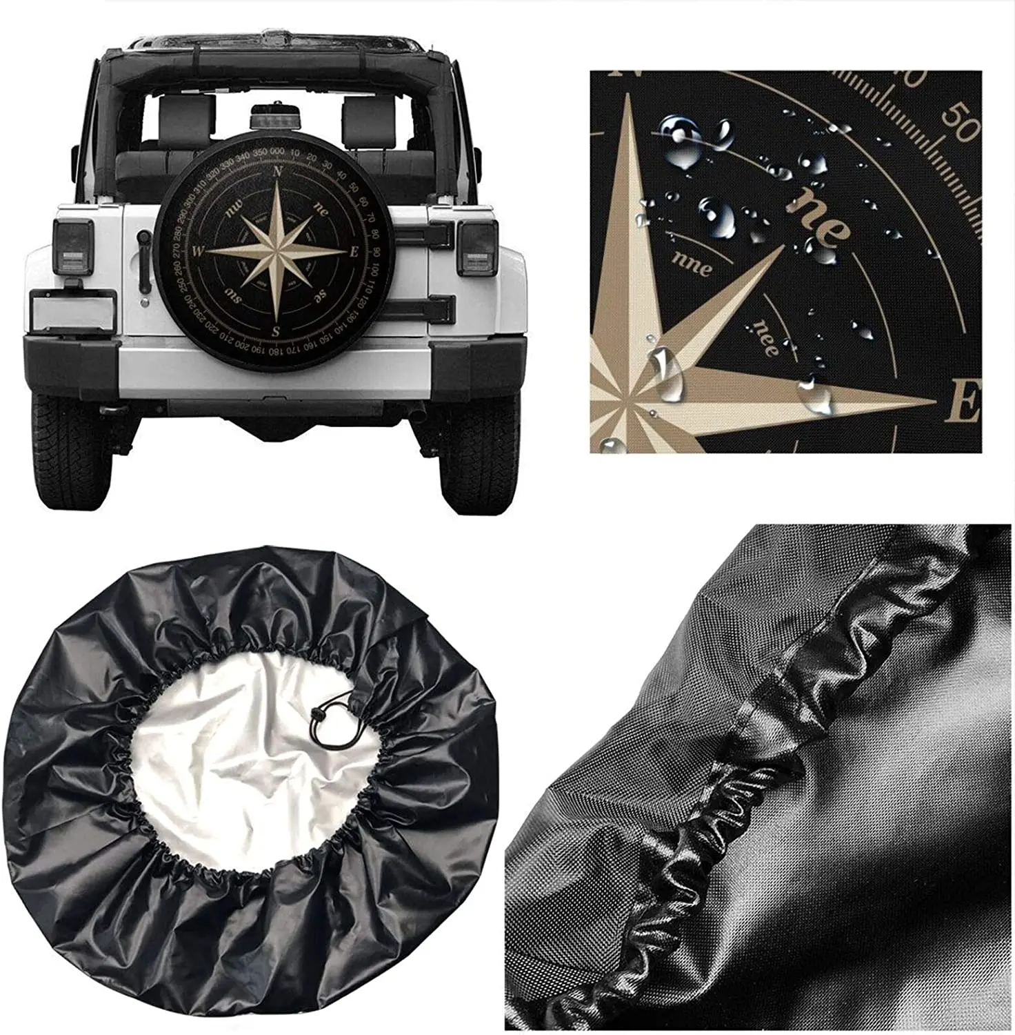 Compass Rose Black Spare Tire Cover UV Sun Wheel Covers Fit for Trailer RV SUV and Many Vehicle 14 15 16 17 Inch