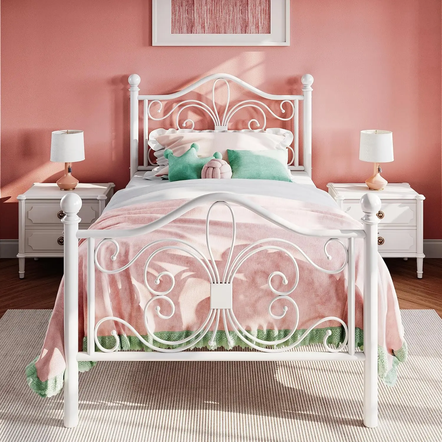 Twin Size Metal Bed Frame for Kids with Butterfly Headboard, Easy Assembly, White