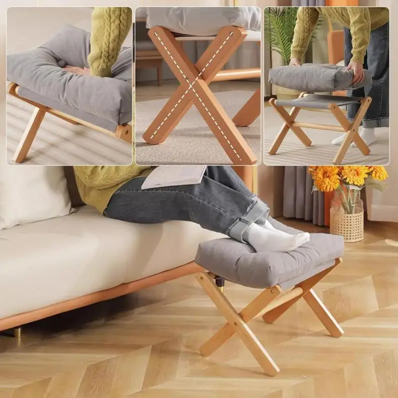 Foldable FootStool Sofa and Supple Foot Rest Stool Bedroom High Resilience Seat Cushion Footrest stool With Stable Bamboo Legs