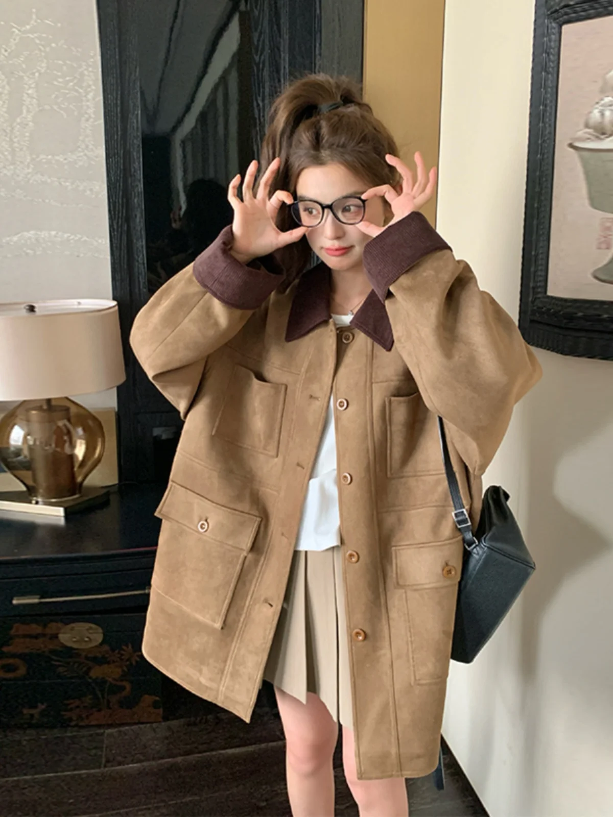 

Caramel Deer Suede Jaet Women's ort Early Spring Autumn 2025 New Small Size Ele Versatile Casual Top