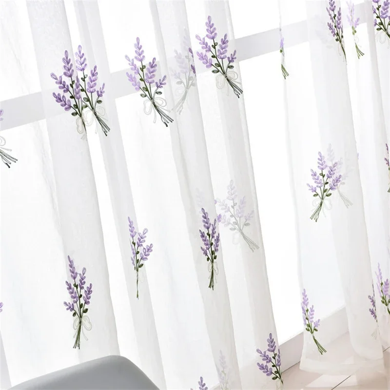 French Pastoral Curtains Purple Lavender Embroidery Tulle For Living Room Bedroom Pink Flower Curtain For Kitchen Home Decor