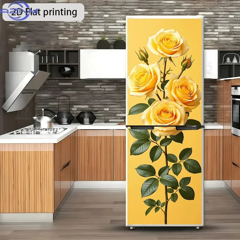 2D Flat Printing 1pc Refrigerator Sticker 23.62×70.87inch Yellow Rose in Warm Sun Theme Design Wall Sticker Decorative Self-Ad