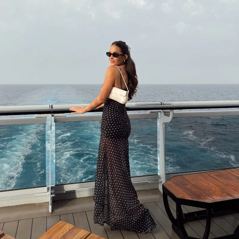 Cryptographic Summer Boho Polka Dot Split Ruched Dress Holiday Outfits for Women Sexy V Neck Backless Slip Mesh Dresses Clothes