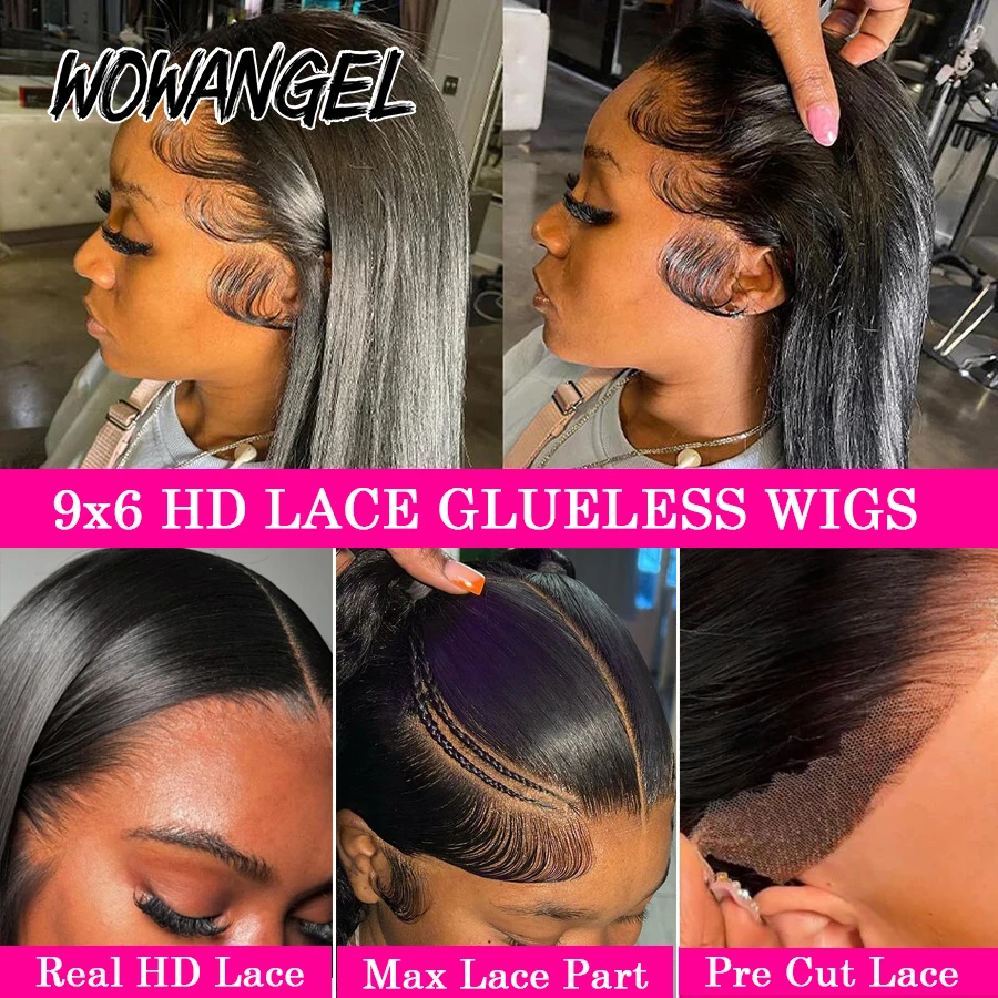 WowAngel Pre Cut 9x6 HD Lace Closure Glueless Wig 250% Straight Glueless Human Hair Wigs Ready To Wear Melt Skins Brazilian Hair