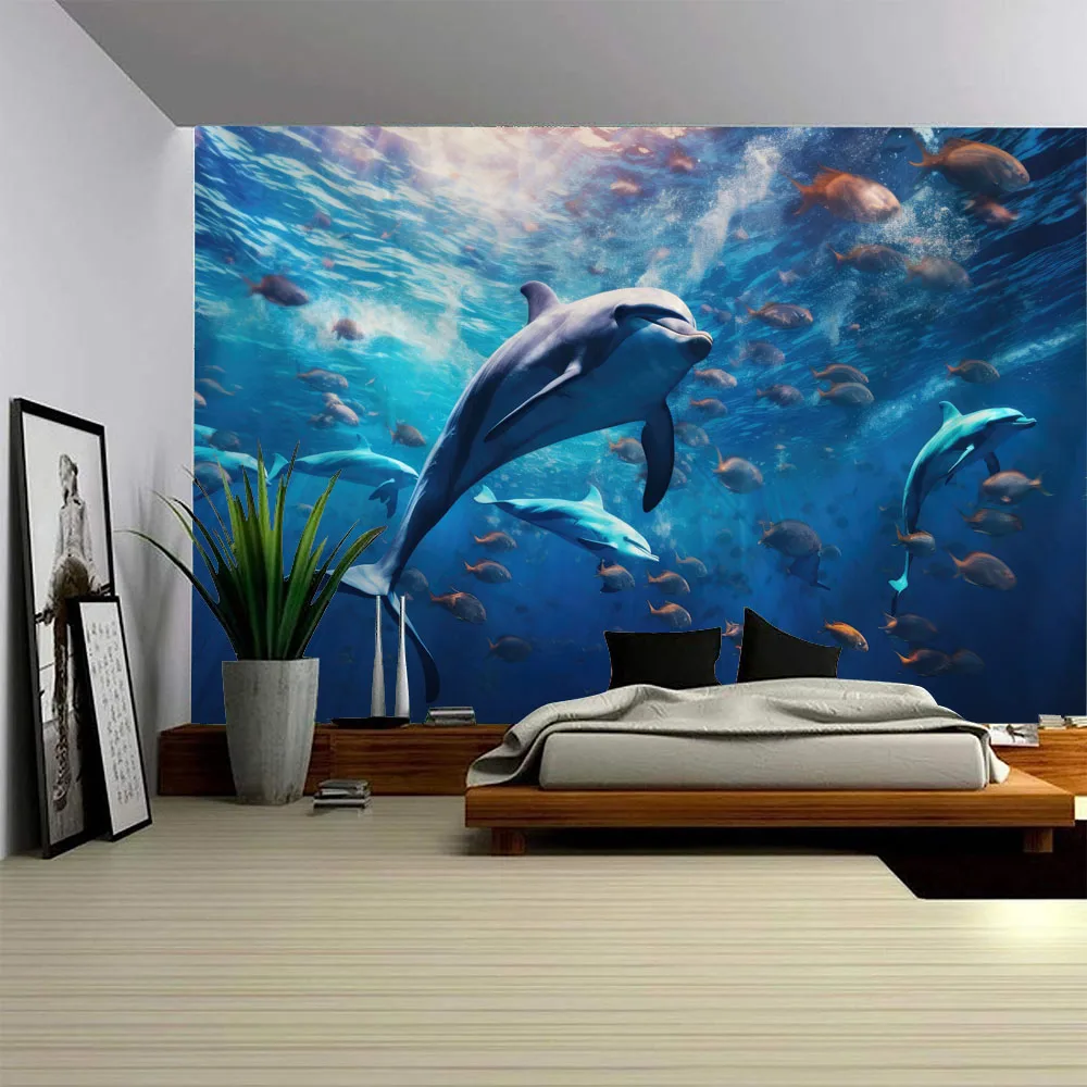 

Underwater Dolphin Tapestry - Polyester Fabric Living Room Ocean Theme Wall Hanging, Children's Room Wall Decoration Background