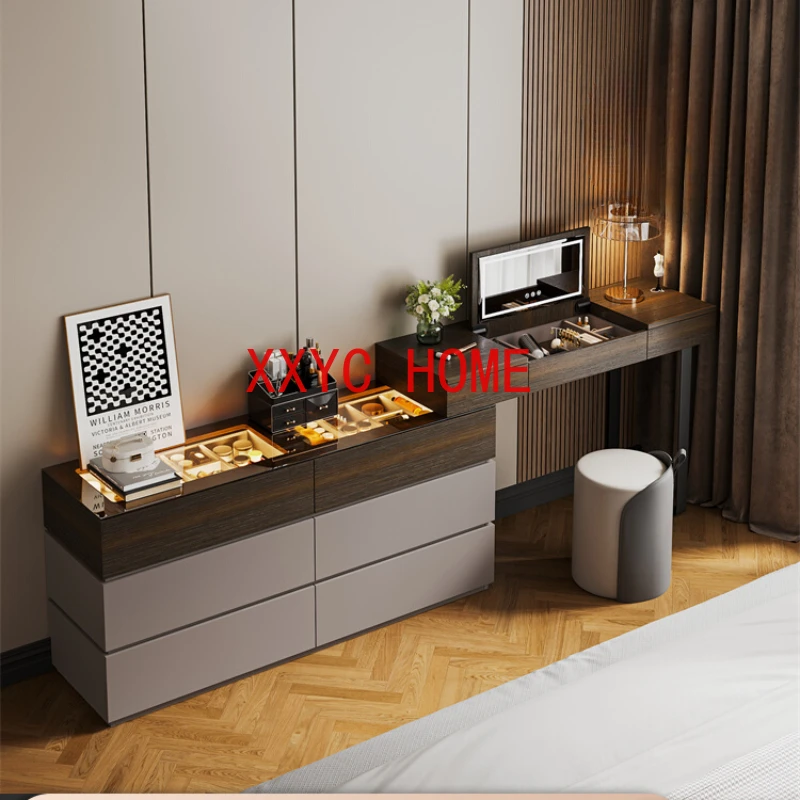 Flip over dressing table, bucket cabinet, integrated minimalist modern master bedroom, bed end makeup