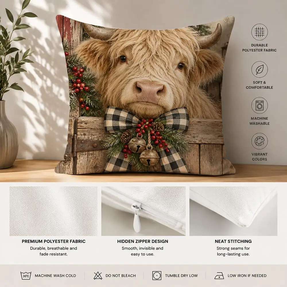 Christmas highland cow Cushion Cover Square Decorative Sofa Cushion Cover Bedroom Living Room Home Decor Halloween Gift