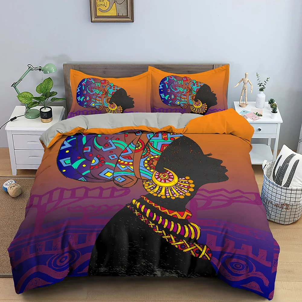 African Duvet Cover Set King/Queen Size,Afro Woman and Traditional Art Grunge Collage Geometric Print Bedding Set for Girl Adult