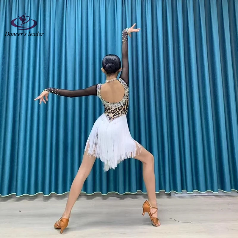 ชุดเต้นรำละติน, ประดับด้วยคริสตัล, ชุดเดรสลายดอกไม้พิมพ์ลายเสือดาวสั่งทำพิเศษระดับไฮเอนด์สำหรับผู้ใหญ่และเด็ก, ชุดแสดงแซมบ้า