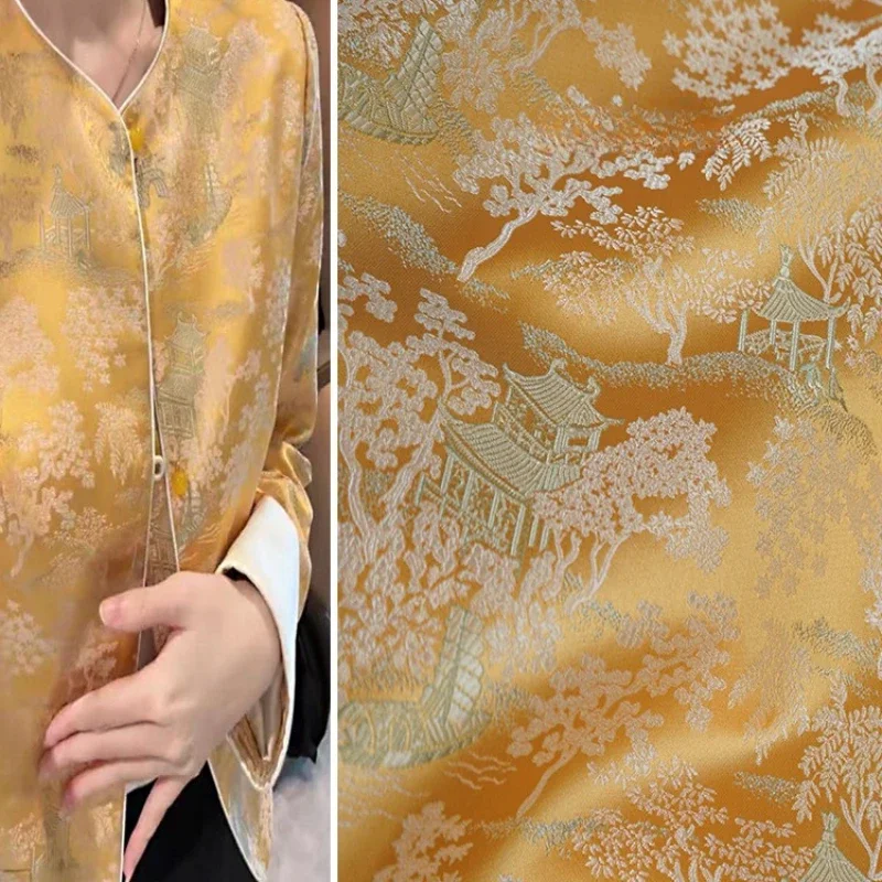 Bright Yellow Qingming Riverside Scene Weaving Brocade Fabric New Chinese Jacquard Song Brocade Silk Coat Vest Fabric