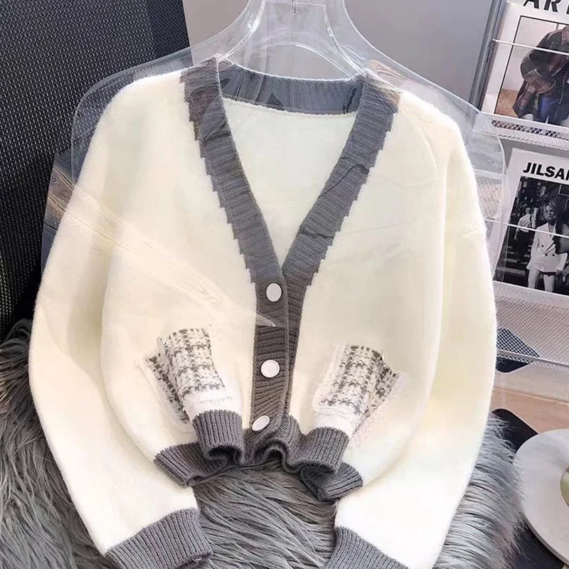 2024 Jesień Zima Nowy Casual Koreański Patchwork V-neck Sweter z długim rękawem Płaszcz Damski Prostota Guziki Dzianinowy Kardigan Tops