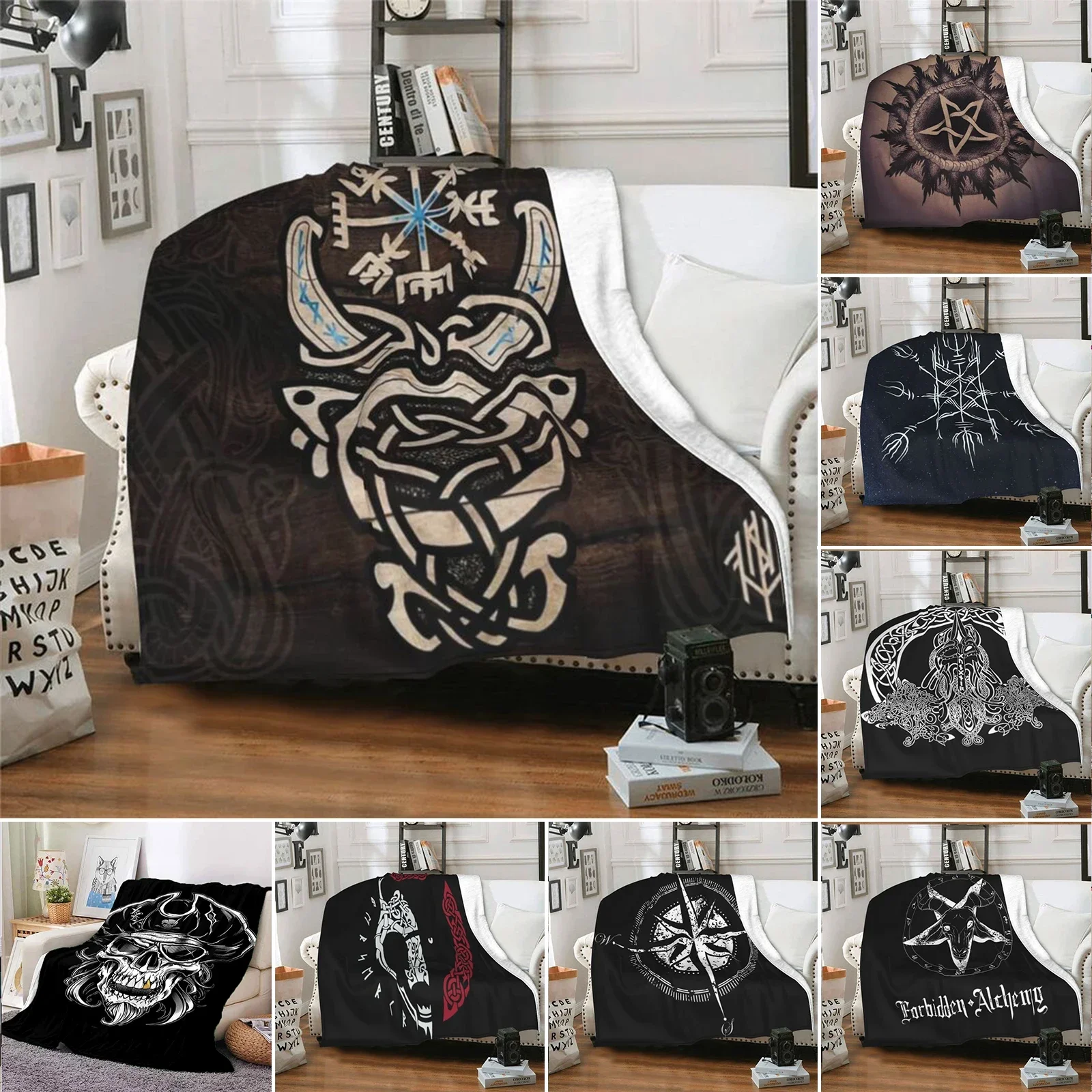 Viking Odin God Art Sherpa Fleece Throw Blanket Celtic Scandinavian Norse Runes Themed Presents for Men Women Mom Dad Lovers