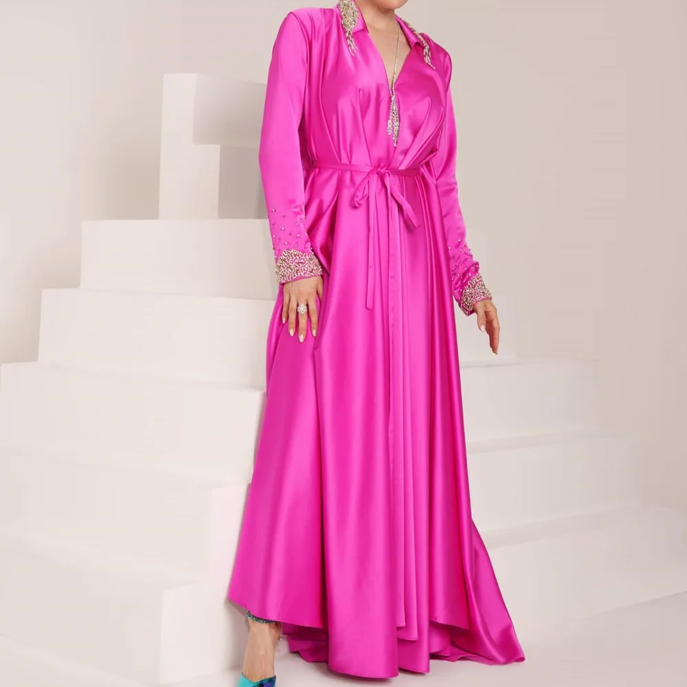 

Dubai Evening Caftan Dress Straight Satin V-Neck Floor Length Sweep Train Solid Color Pleats Long Sleeves Crystal Evening Dress