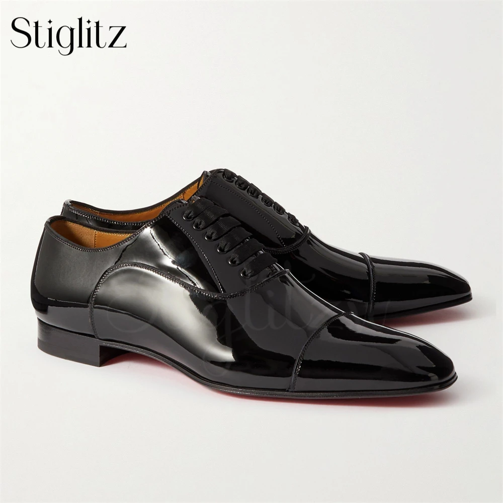 Paneled Patent Leather Oxfords in Black Almond Toe Lace up Dress Shoes for Formal Occasions Custom Colors Handmade Wedding Shoes