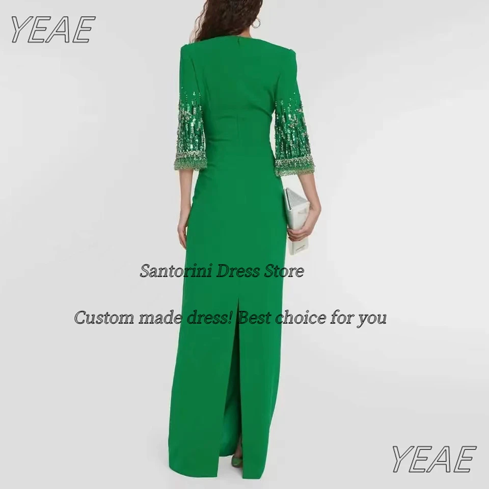 Santorini Green Evening Dresses 2024 Crew Neck Beaded Long Sleeves Prom Dress Back Slit Wedding Reception Party Gowns