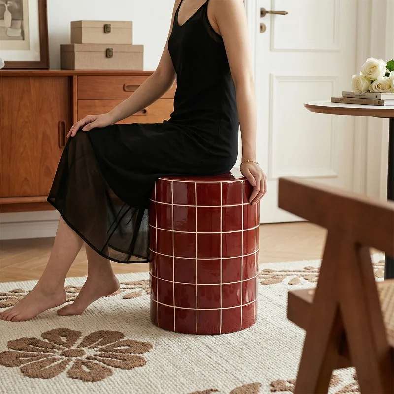 Grid Patterned Shoe Changing Stool,Ceramic Furniture,Tea Tables,Living Room,Sofa Side Corner Table,Ornament,Round Cooling Stools