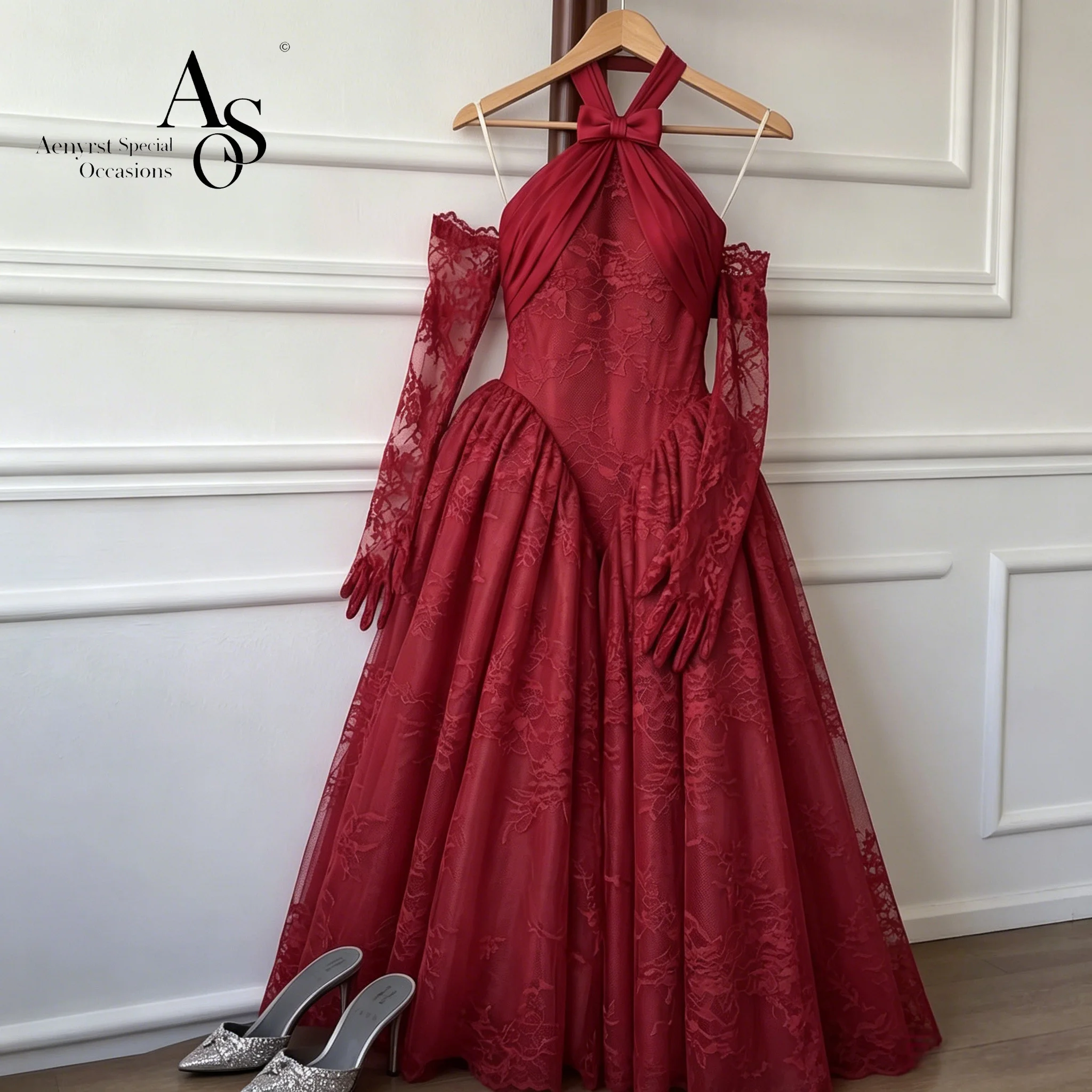 Red Halter-Neck Strapless Floor-Length Gown Formal Evening & Prom Dress featuring Print, Embroidery and Front Bow Detail