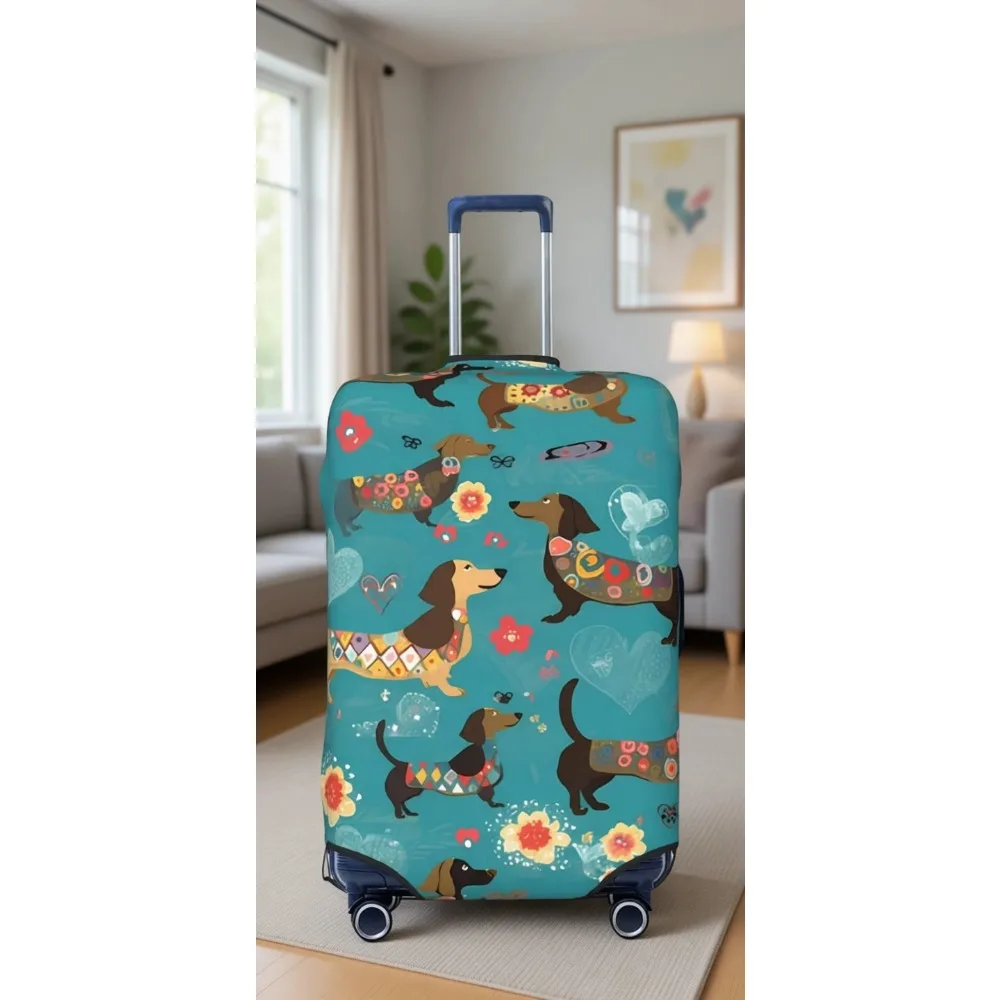Dachshund Flowers Travel Suitcase Cover Fits 25"-28" Luggage, Washable Spandex Cover for Work Outdoor
