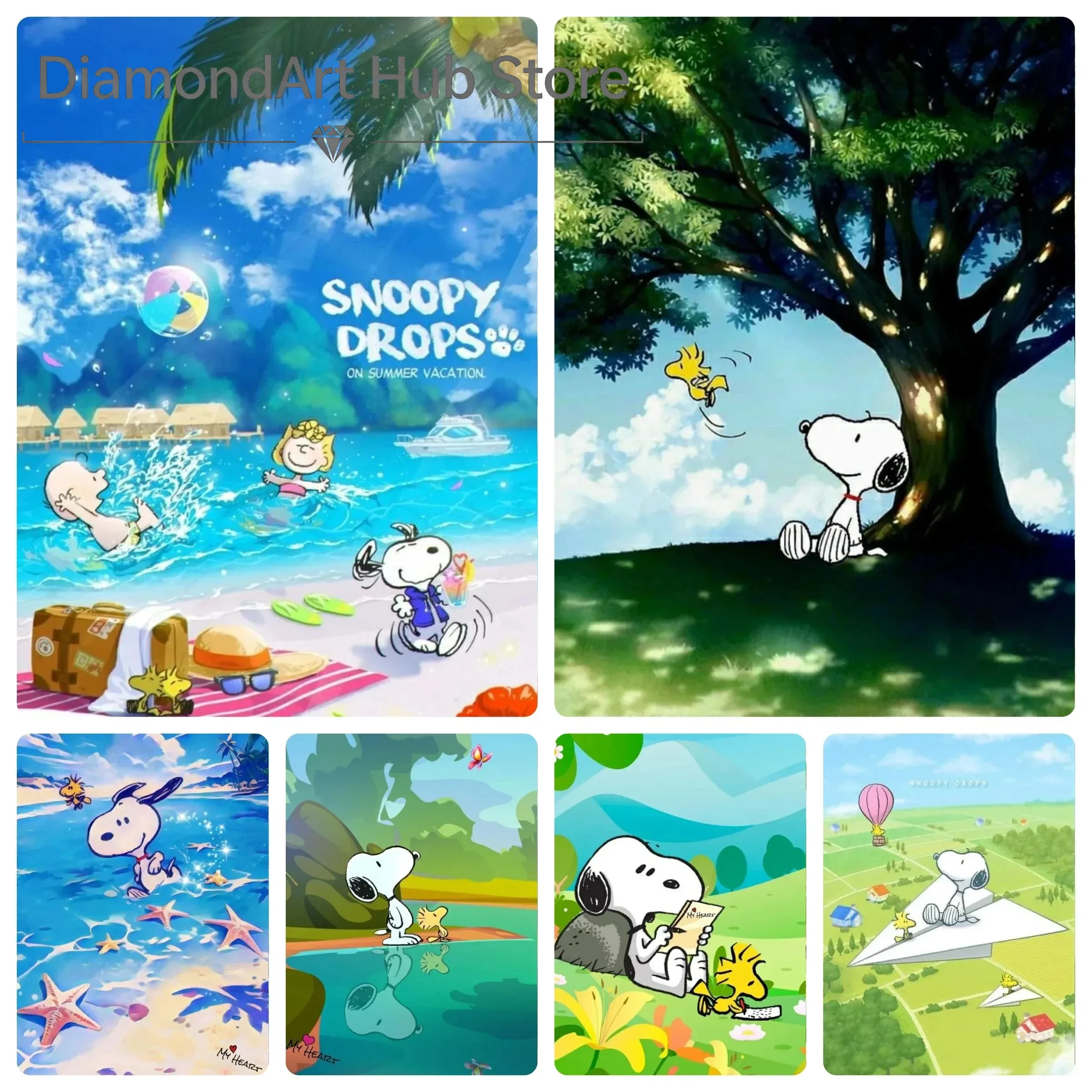 Snoopy 5D Full Round Drill Diamond Painting Kit, Summer Vacation Cartoon DIY Mosaic Wall Decor
