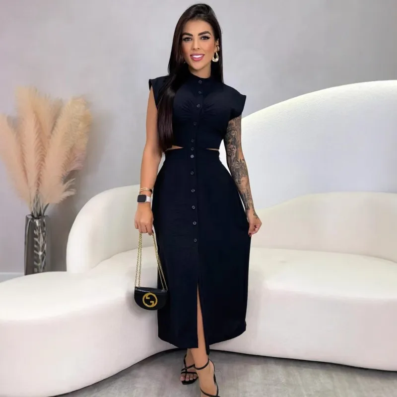 Vestidos largos sexis de verano con cintura calada Woneb 2025, moda nueva sin mangas, vestido camisero con abertura alta, vestido de fiesta elegante para oficina