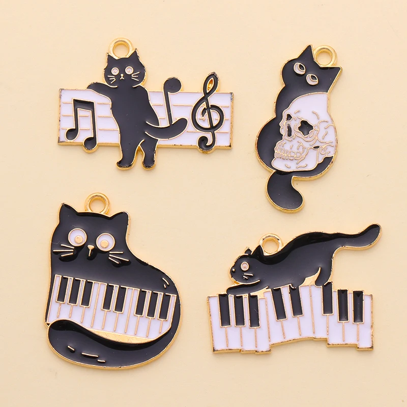 

10Pcs Enamel Charms Cartoon Series Piano Music Cat Charms Animal Gold Color Metal Pendants DIY Necklace Earrings Jewelry Making