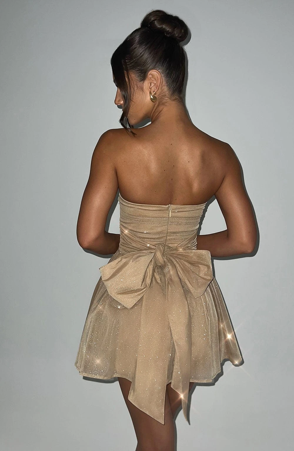 Women Champagne Glitter Strapless Mini Gown Ruched Waist Back Bow Flared Party Homecoming Short Dresses