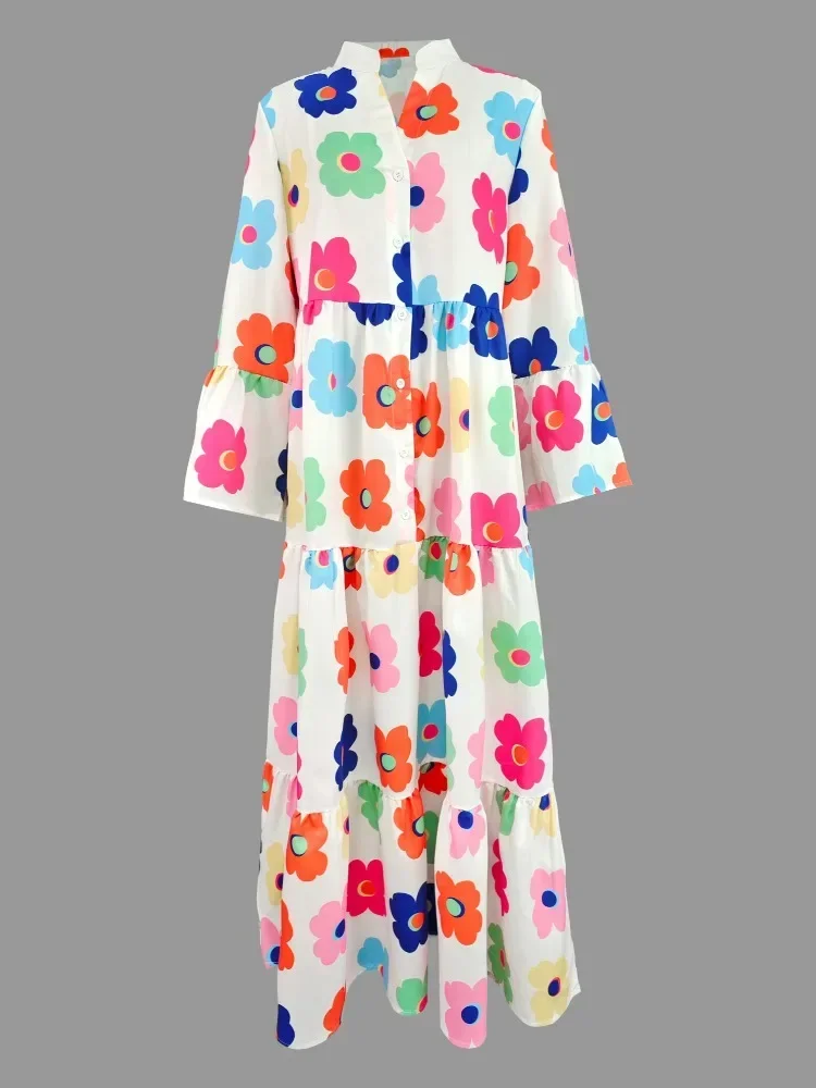 Tinaa 2024 Autumn New Flower Printed Sweet Dress 2024 Split-Joint Buttoned Loose Flared Sleeves Stand Collar Maxi Shirt Dresses