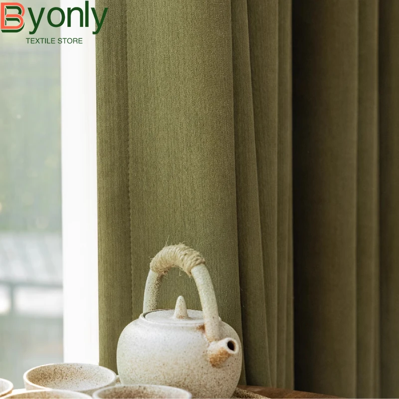 Custom Retro Olive Green Jacquard Velvet Thickened Blackout Curtains for Living Room Bedroom French Window Balcony Partition