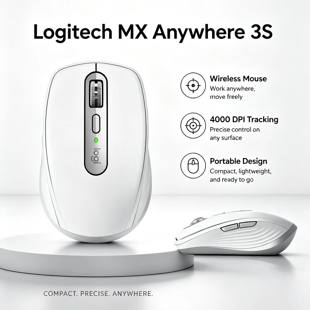 Logitech MX Anywhere 3S Wireless Bluetooth Mouse 8000 DPI Darkfield MagSpeed Silent Multi-Device for Office Travel PC Mac