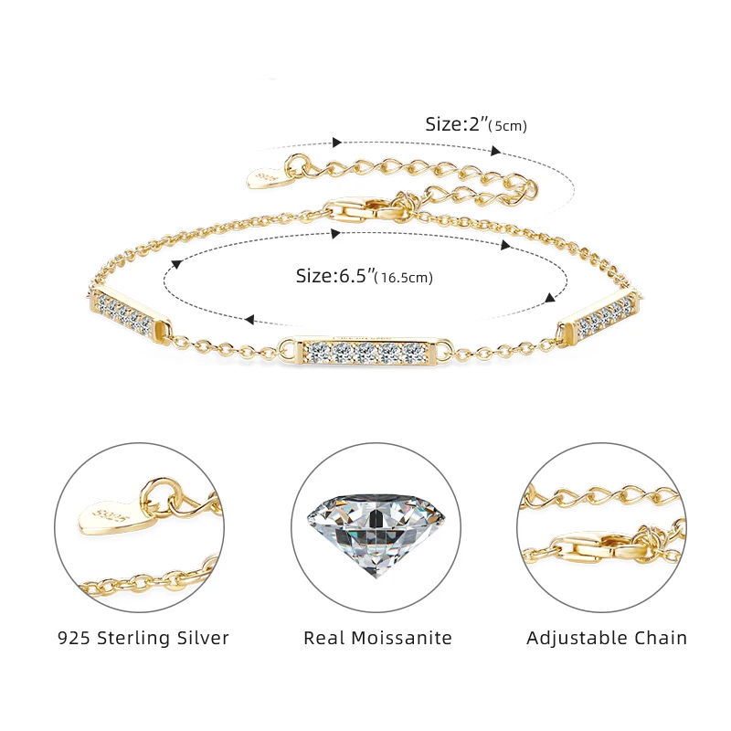 Lnngy 925 Sterling Silver Adjustable Chain Bracelets Micro Inlaid 2mm Moissanite Bracelet for Women Girl Fashion Hand Jewelry