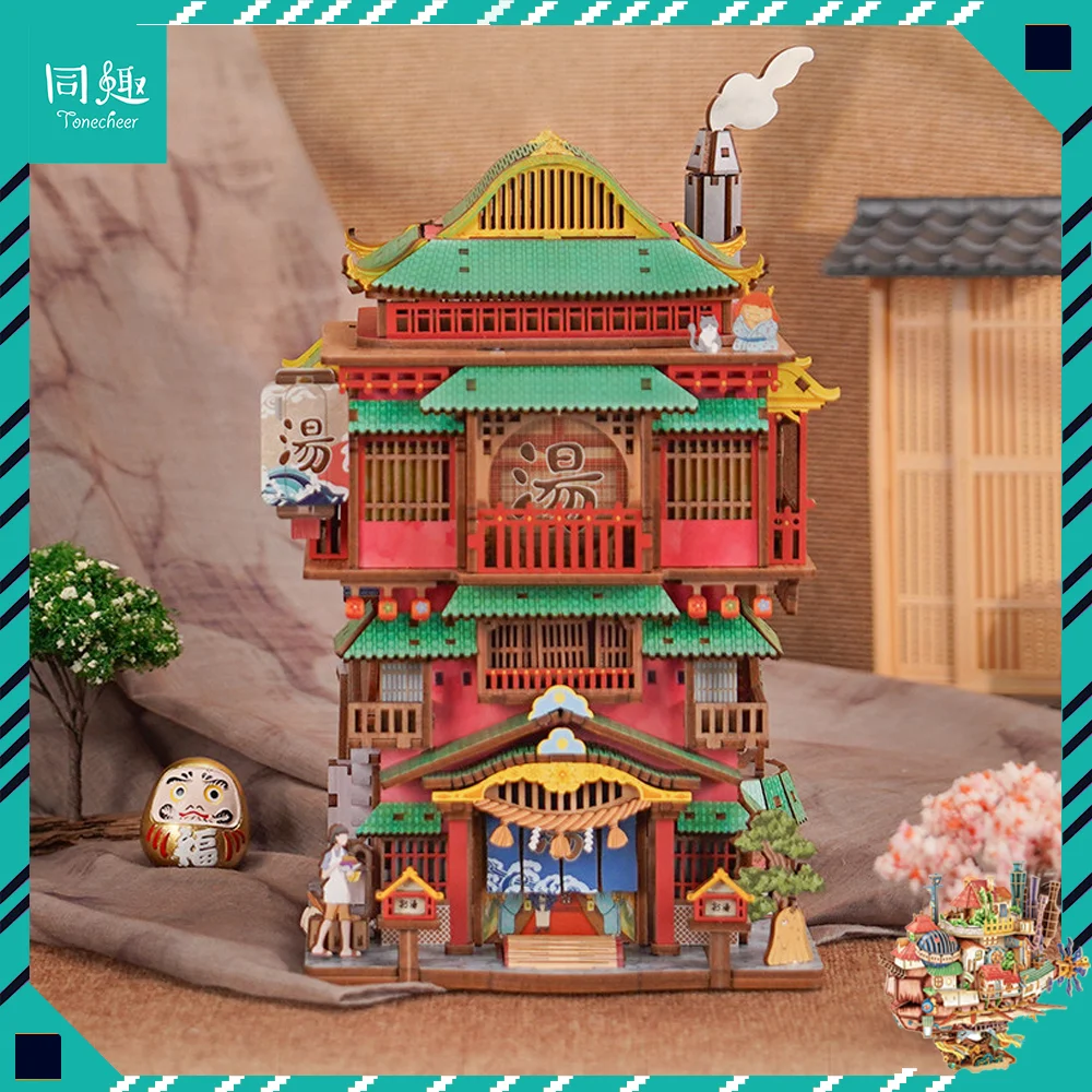 

New Tonecheer Spirited Away Bathhouse DIY Dollhouse Wooden Puzzle Building Block Diorama Model Kit 3D Decoration Birthday Gift