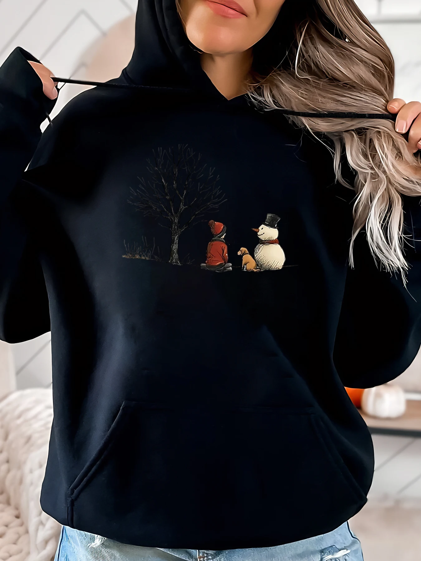

Snowman and Boy Winter Scene Print Christmas Hoodie Women Casual Outfit Holiday Wear Black Plus-Size