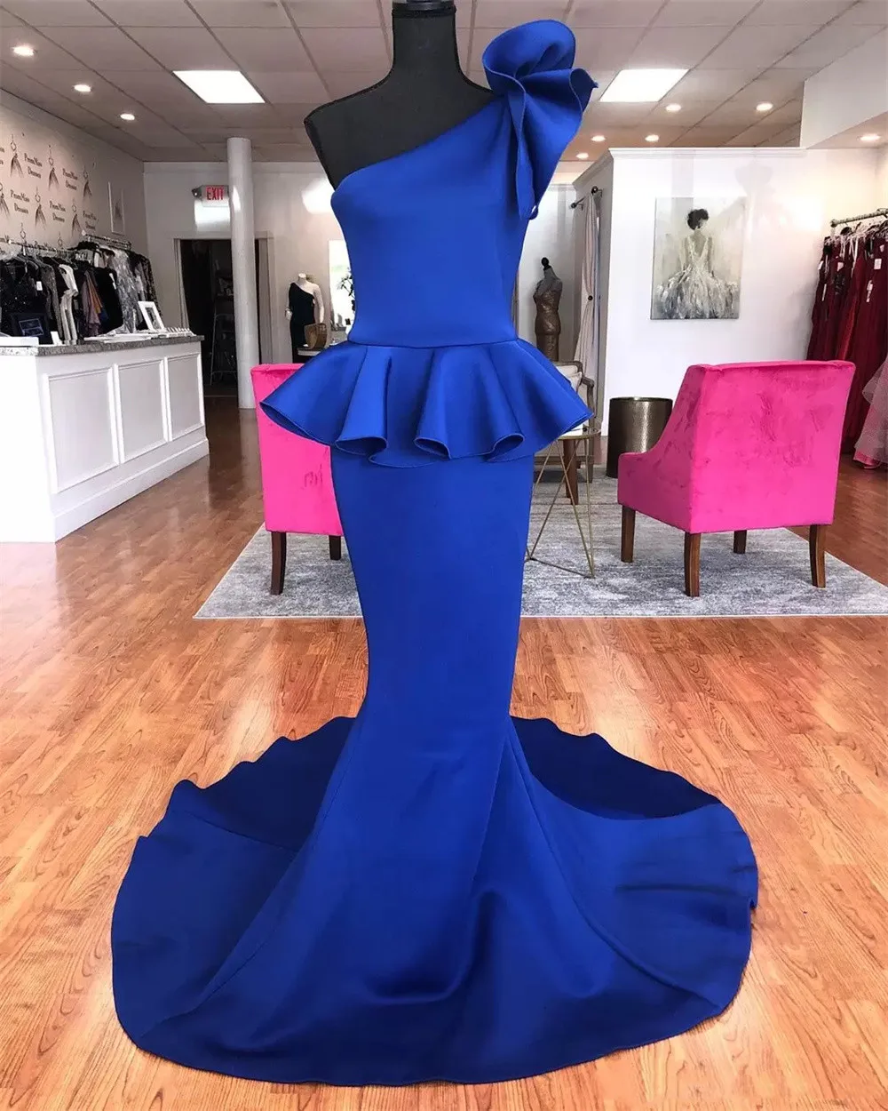 

2024 Blue Peplum Prom Dress Mermaid One Shoulder Cocktail Satin Pageant Gowns for Lady Long Zipper Back Sleeveless Custom New