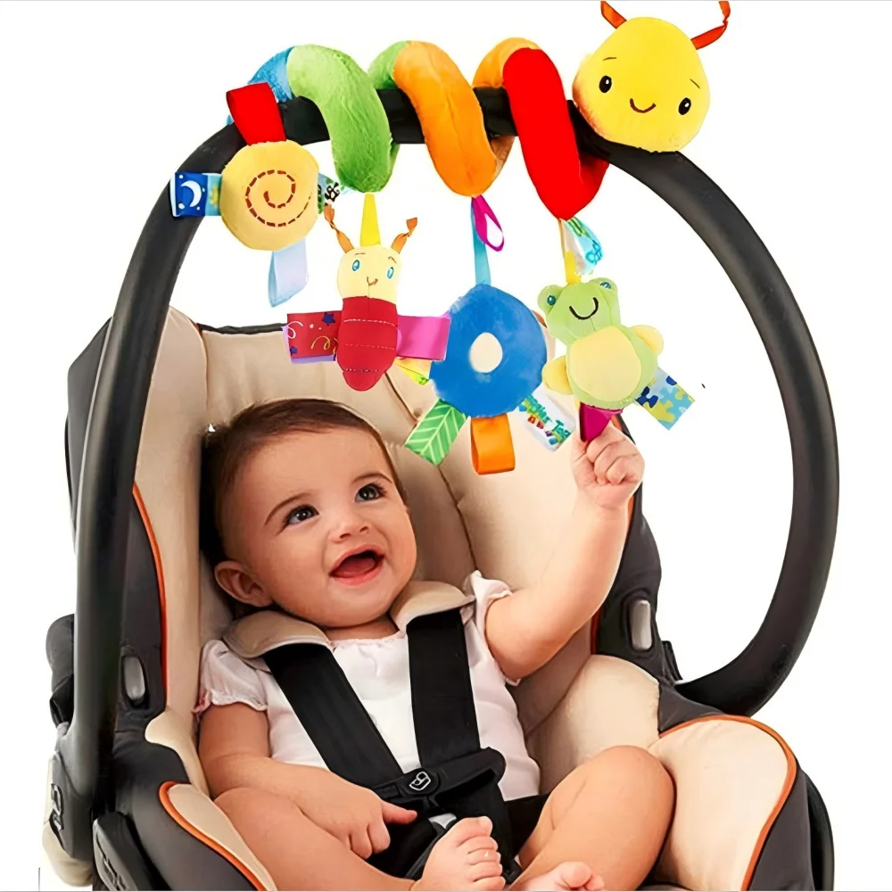 Spiral Pram Toys for Babies - Wrap Around Pushchair Stroller Sensory Toys for 0 3 6 9 12 Month Plush Activity Rattle Hanging Toy