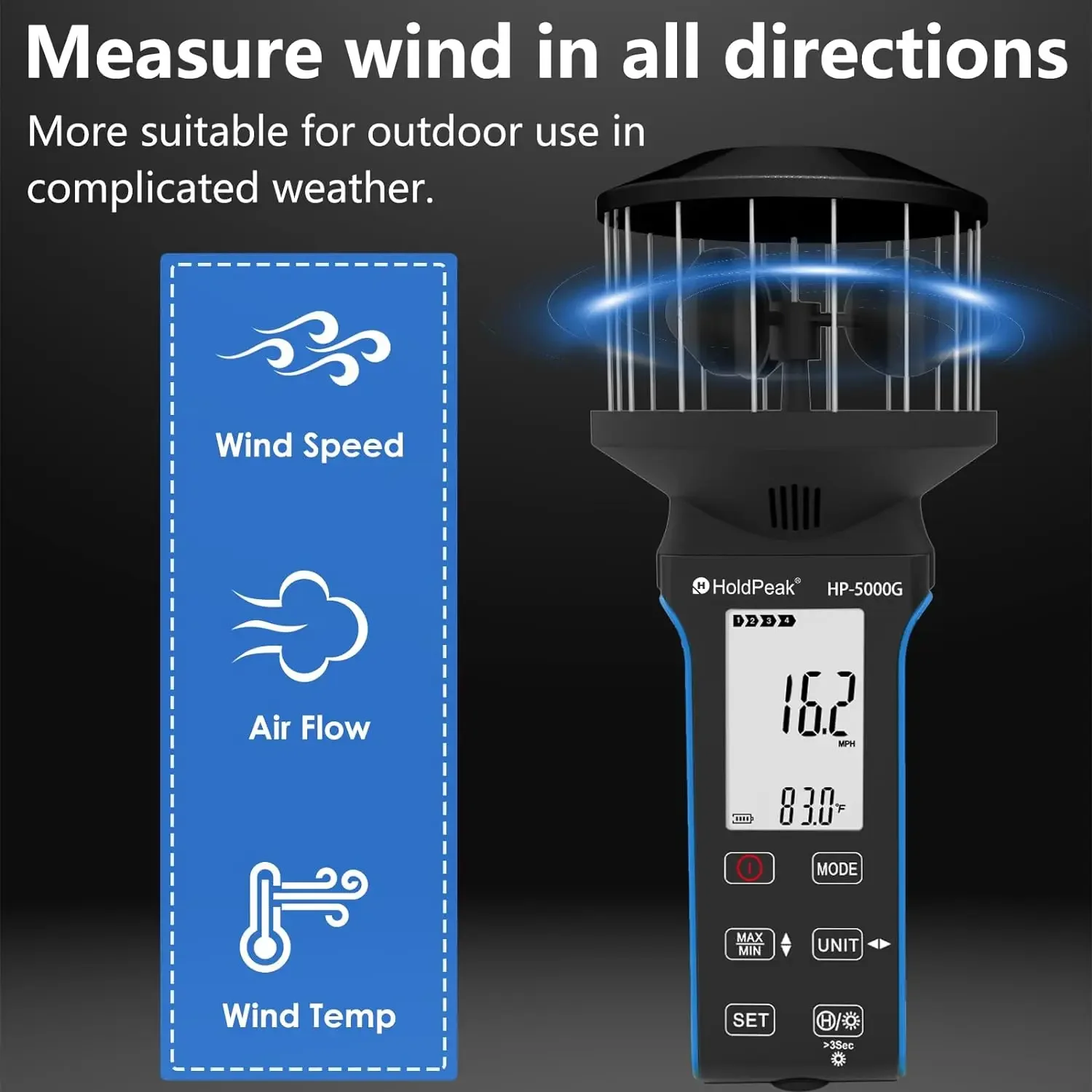 Imagem -04 - Btmeter-anemômetro Azul Multifuncional Velocidade do Vento Volume do ar Medição de Temperatura Backlight Bt5000g