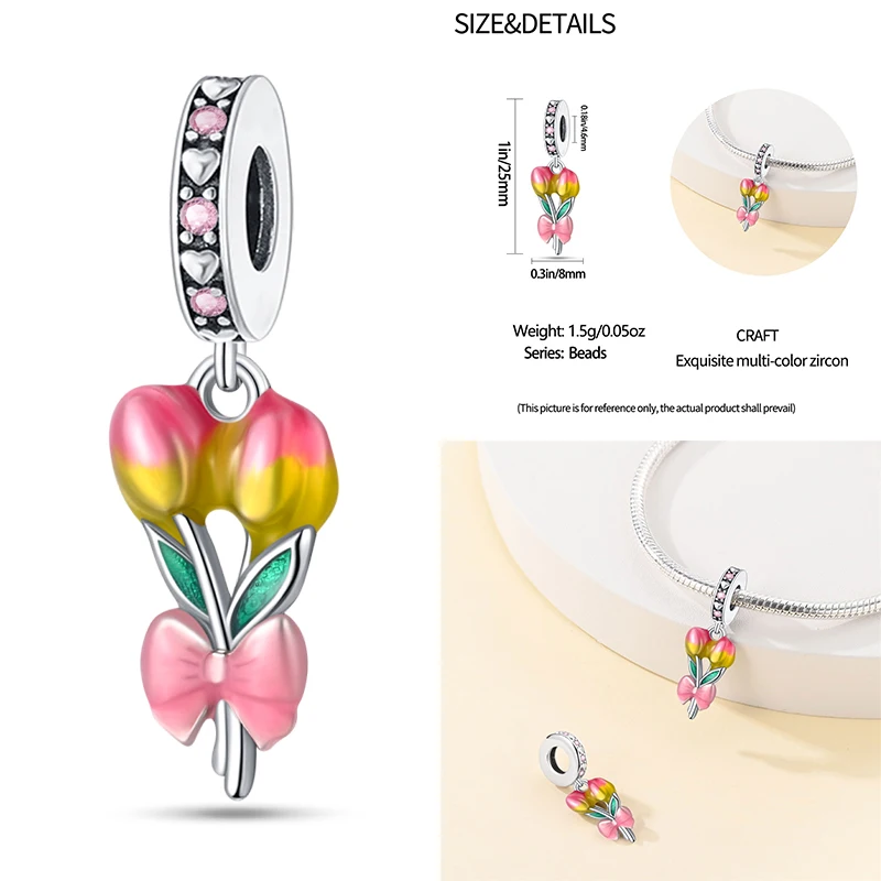 925 Sterling Silver Lavender Tulips Pansy Iris Charm Beads Colorful Flower Dangle Fit Original Pandora Bracelet DIY Jewelry Gift