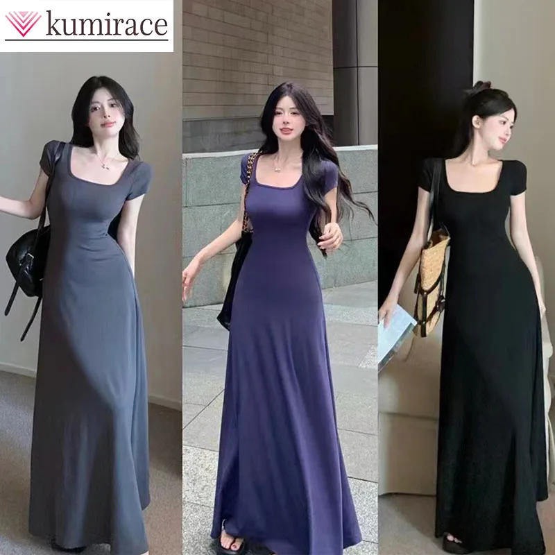 

High Class Tea Break French Style Square Neck Short Sleeve Dress Slim Waist Temperament Long Skirt Woman Y2k Clothesparty Dresse