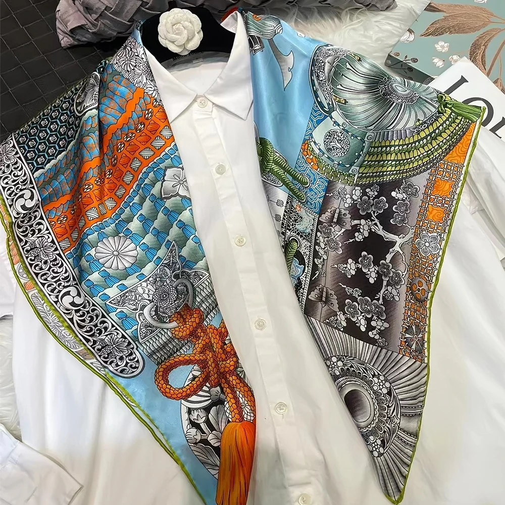 BYSIFA|New Blue Silk Scarf Hijab Shawl Women Fashion Accessories Head Neck Scarves Printed Fall Winter Square Scarves Wraps 90cm