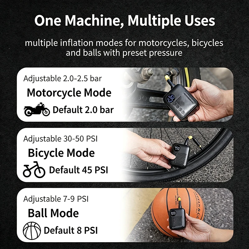 Wireless Mini Pump Bicycles Motorcycle E-Bikes 150Psi  Smart Digital Display Air pump Portable Tire Inflator Type-C Charging