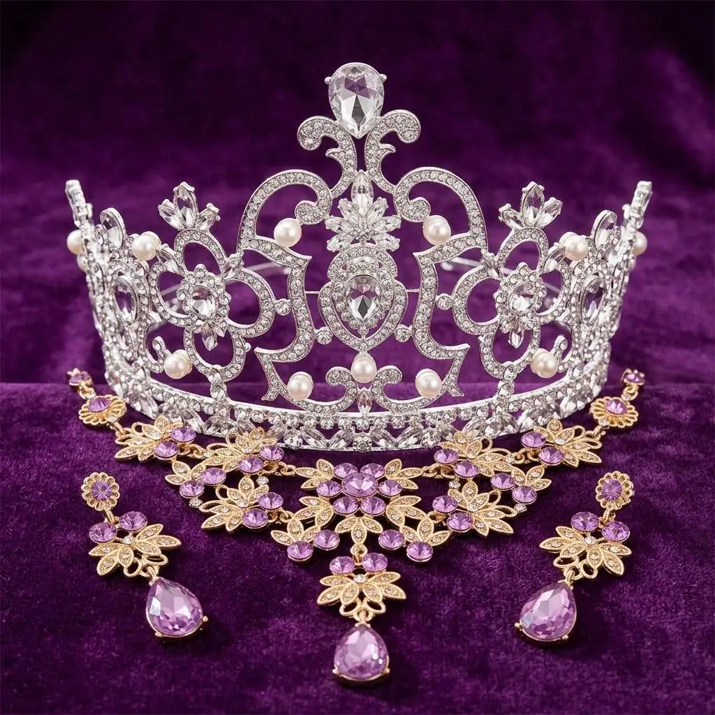 Luxurious Jewelry Set Rhinestone Bridal Crown Necklace Earrings for Wedding Party Stage Performance Silver Crystal Elegant
