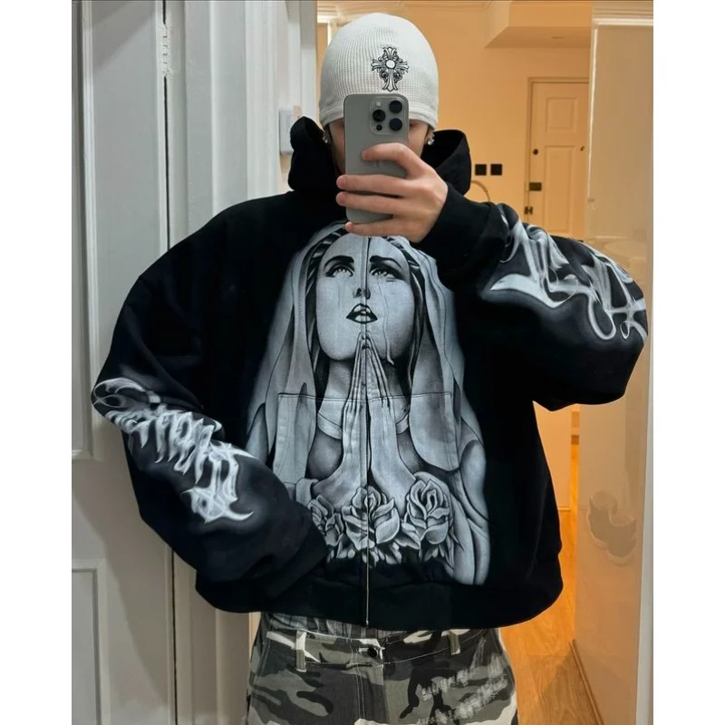 Vintage Y2k Aesthetic Trend Print Zip Up Hoodie Hip Hop Sweatshirt Casual Gothic Fashion Tops Man Hip Hop Sweatshirt Clothes