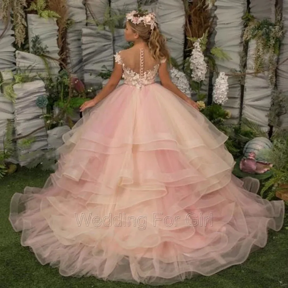 Vestido de flores escalonado rosa para niña, apliques de encaje Floral, vestidos de fiesta de boda para niños, ropa para niños, vestidos de primera comunión de princesa